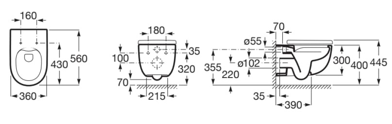 Medidas de la taza suspendida Rimless con salida horizontal MERIDIAN - ROCA