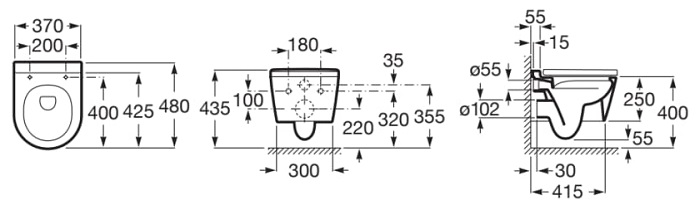 Medidas de la taza suspendida compacta Rimless® con salida horizontal ROUND INSPIRA - ROCA