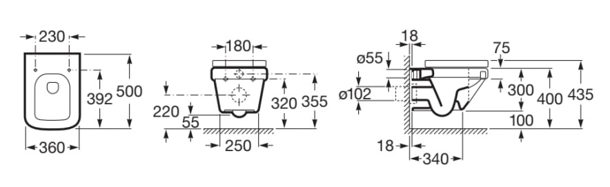 Medidas de la taza de inodoro suspendida compacta con salida horizontal DAMA - ROCA