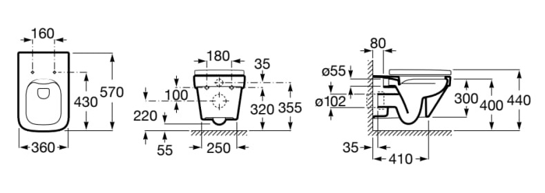 Medidas de la taza suspendida Rimless con fijaciones ocultas y salida horizontal DAMA - ROCA