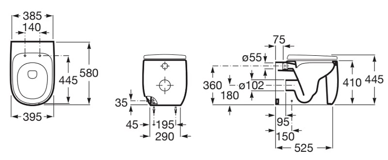 Medidas de la taza Rimless adosada a pared con salida dual BEYOND - ROCA