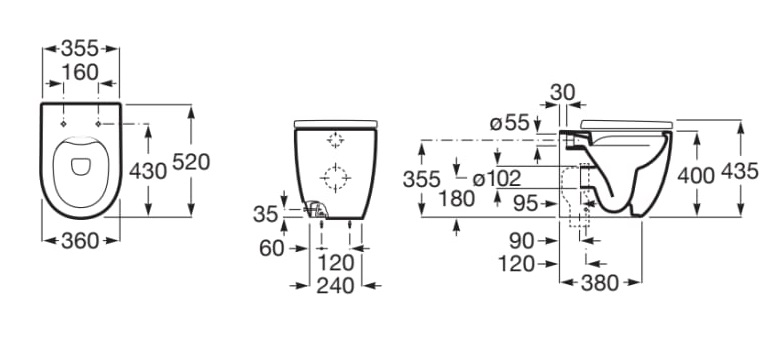 Medidas de la taza compacta Rimless adosada a pared con salida dual para inodoro MERIDIAN - ROCA