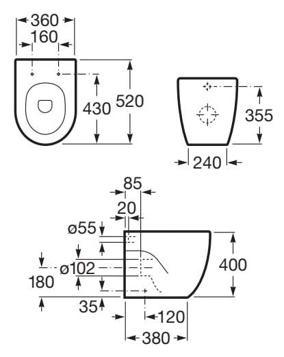 Medidas de la taza de inodoro compacto adosado a pared con salida dual MERIDIAN - ROCA