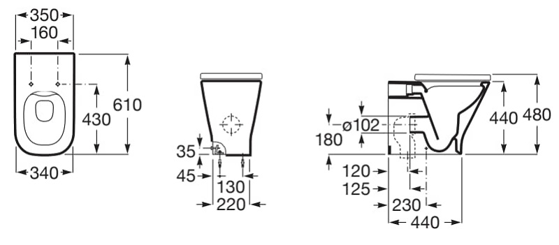 Medidas de la taza Rimless altura confort adosada a pared con salida dual SQUARE THE GAP - ROCA