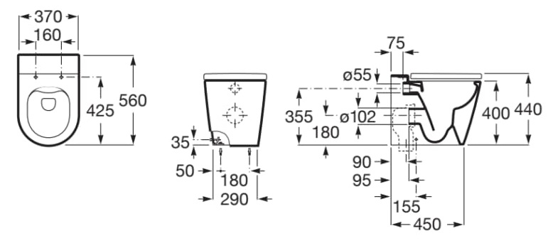 Medidas de la taza Rimless adosada a pared con salida dual para inodoro ROUND INSPIRA - ROCA