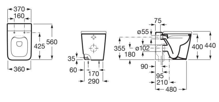 Medidas de la taza Rimless con salida dual para inodoro SQUARE INSPIRA - ROCA
