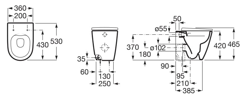 Medidas de la taza Rimless con salida dual para inodoro ONA - ROCA