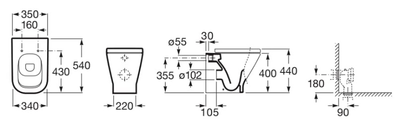 Medidas de la taza Rimless adosada a pared con salida dual para inodoro SQUARE THE GAP - ROCA