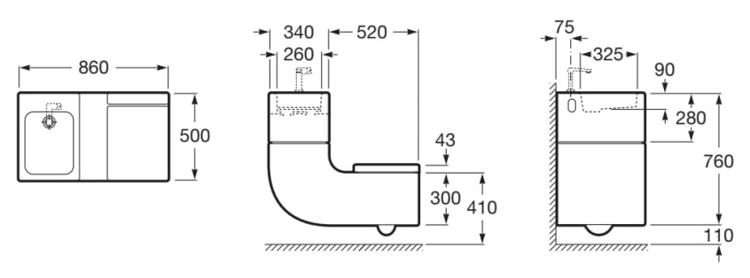 Medidas del inodoro y lavabo suspendido (incluye tapa y grifería de lavabo) W+W - ROCA