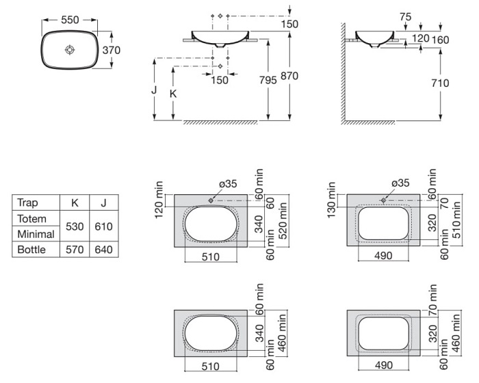 Medidas del lavabo de FINECERAMIC® de sobre encimera SOFT INSPIRA - ROCA