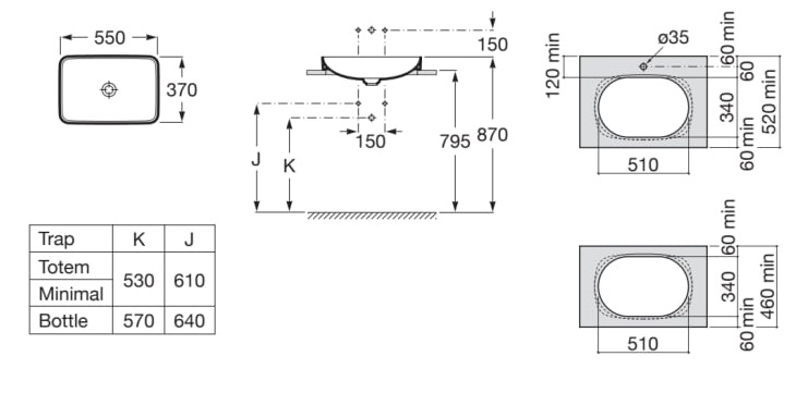 Medidas del lavabo de FINECERAMIC® de encimera SQUARE INSPIRA - ROCA