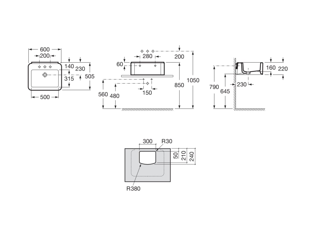 Medidas del lavabo de porcelana mural o de sobre encimera ELEMENT - ROCA