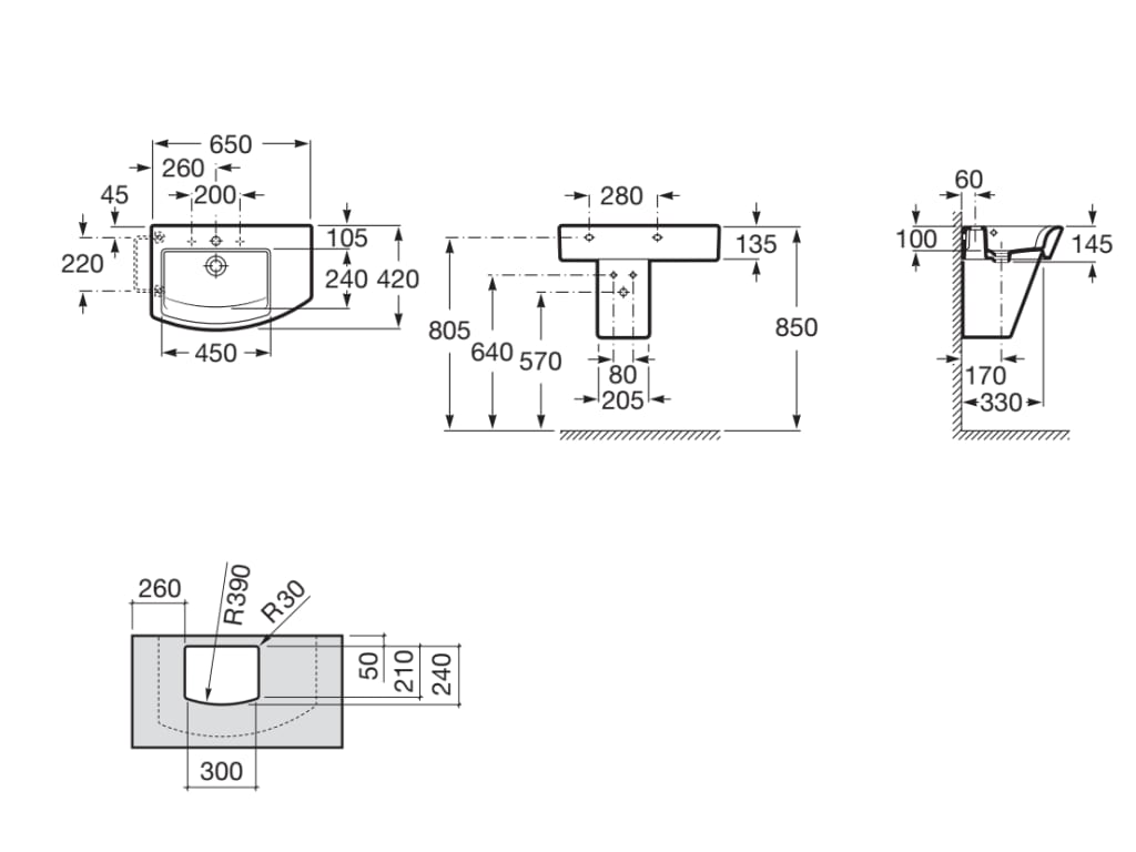 Medidas del lavabo de porcelana mural o de sobre encimera asimétrico HALL - ROCA