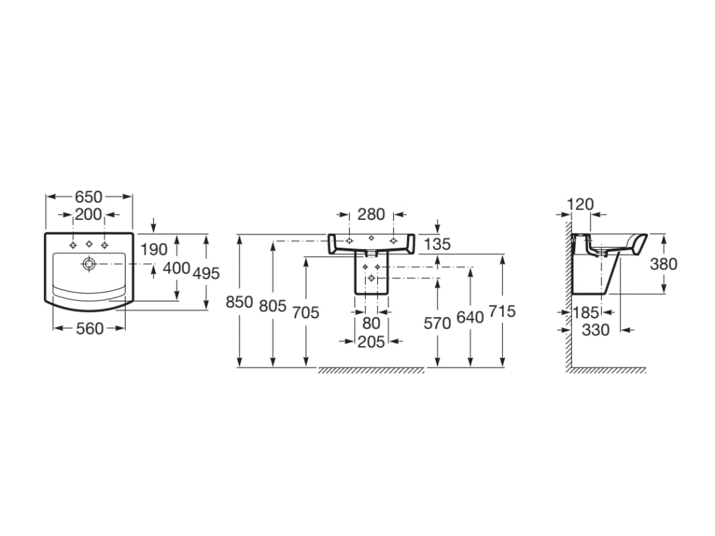 Medidas del lavabo de porcelana mural o de sobre encimera HALL - ROCA