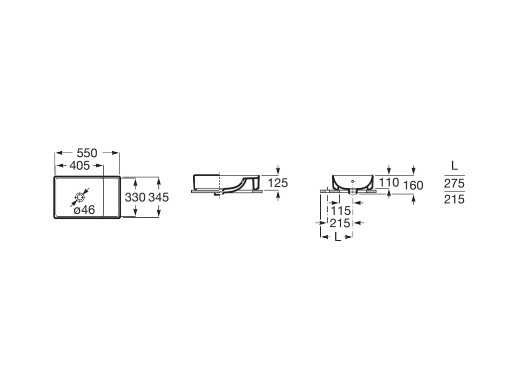 Medidas del lavabo de porcelana de sobre encimera ONA - ROCA