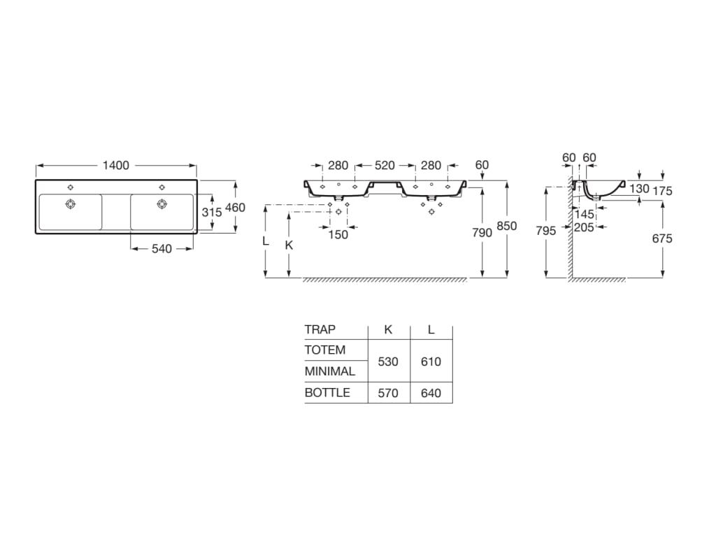 Medidas del lavabo de porcelana doble mural THE GAP - ROCA