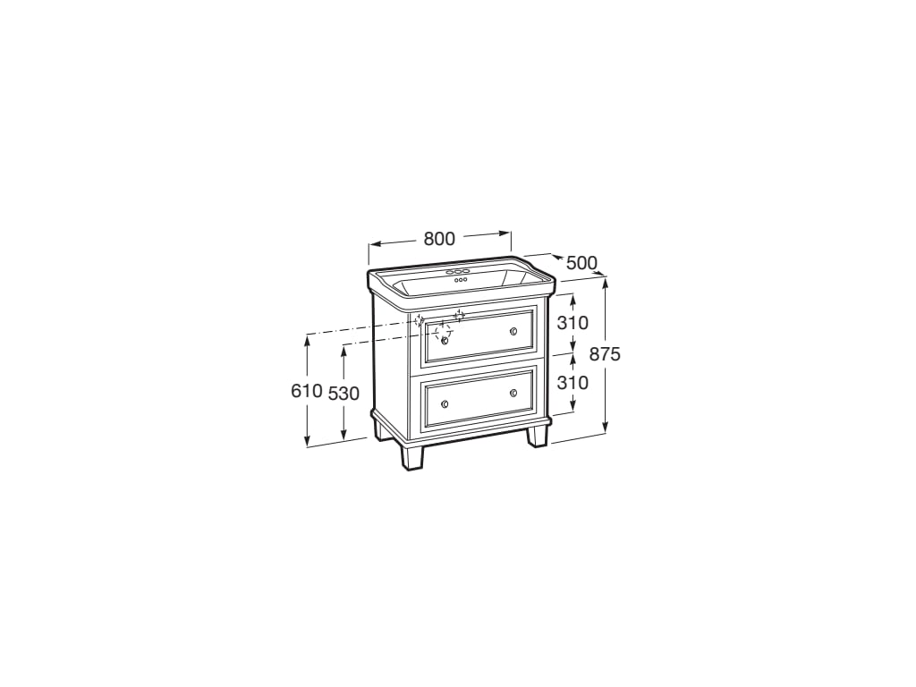 Medidas del pack Unik mueble base de 2 cajones + lavabo con 3 orificios CARMEN - ROCA