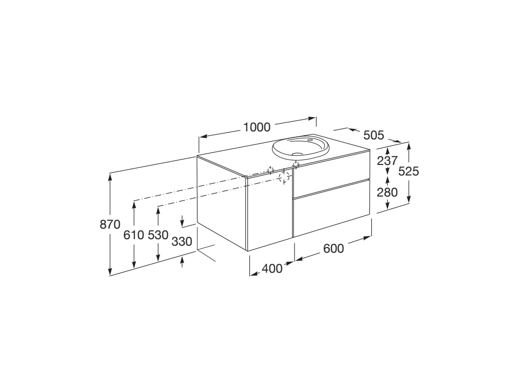 Medidas del pack unik mueble con 2 cajones y módulo + lavabo BEYOND - ROCA