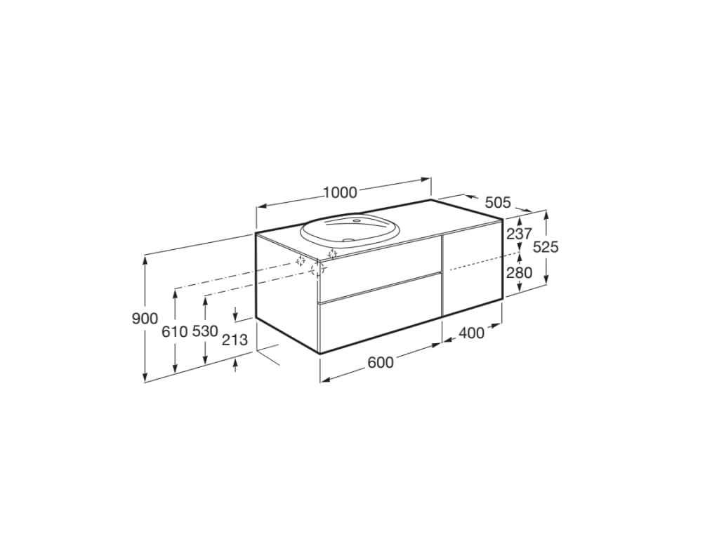 Medidas del pack unik mueble base con 2 cajones y módulo + lavabo BEYOND - ROCA