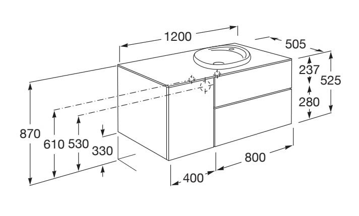 Medidas del pack Unik mueble base de 2 cajones y módulo + lavabo BEYOND - ROCA