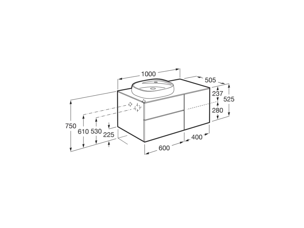 Medidas del mueble base para lavabo sobre encimera izquierda BEYOND - ROCA