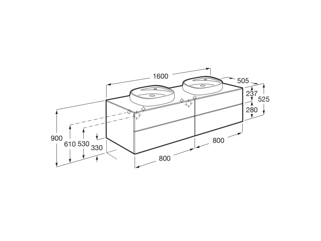 Medidas del mueble base para 2 lavabos sobre encimera blanco BEYOND - ROCA