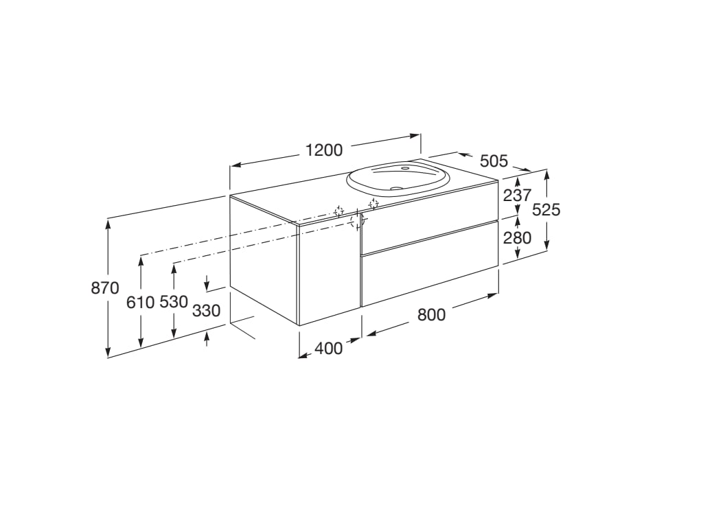 Medidas del mueble base para lavabo de 585 mm de encimera BEYOND - ROCA