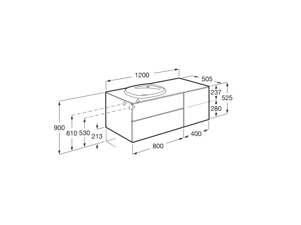 Medidas del mueble base para lavabo de 585 mm de encimera BEYOND - ROCA