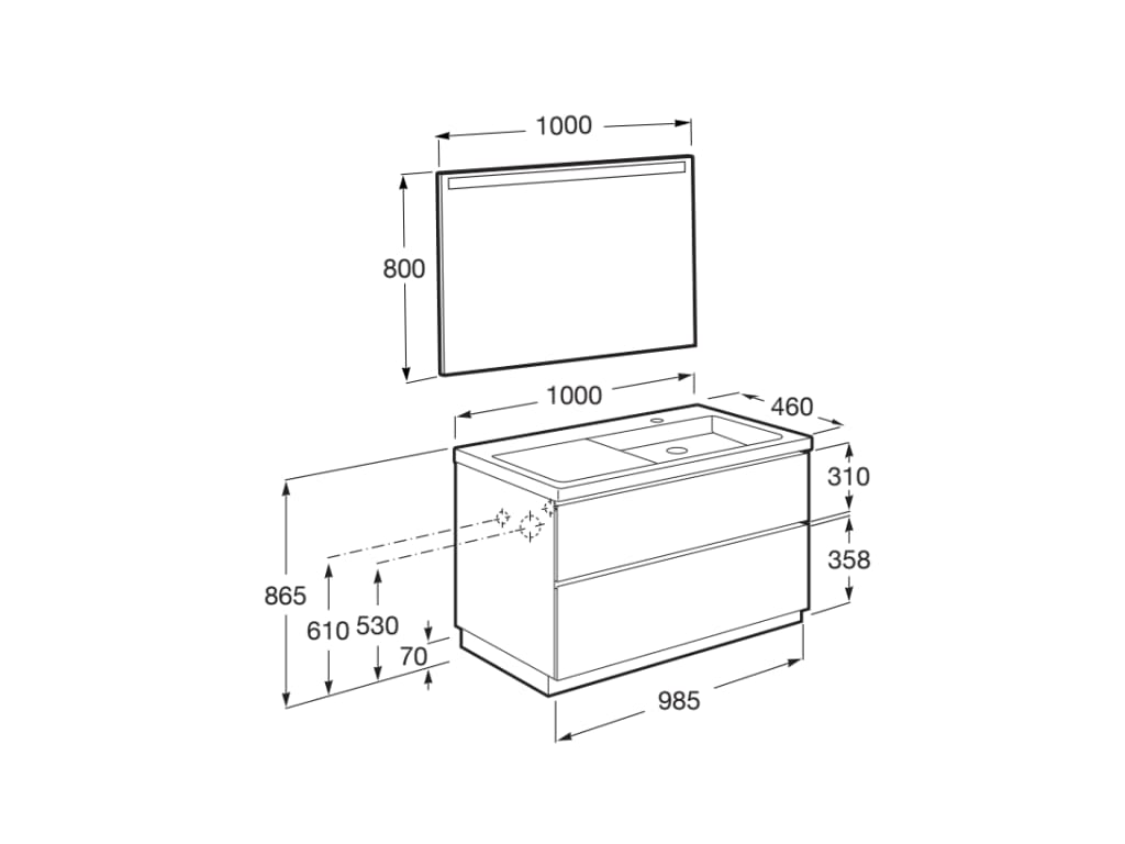 Medidas del pack Unik mueble base de 2 cajones + lavabo LANDER - ROCA