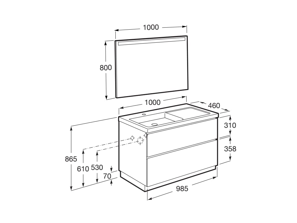 Medidas del pack unik mueble de base 2 cajones + lavabo LANDER - ROCA