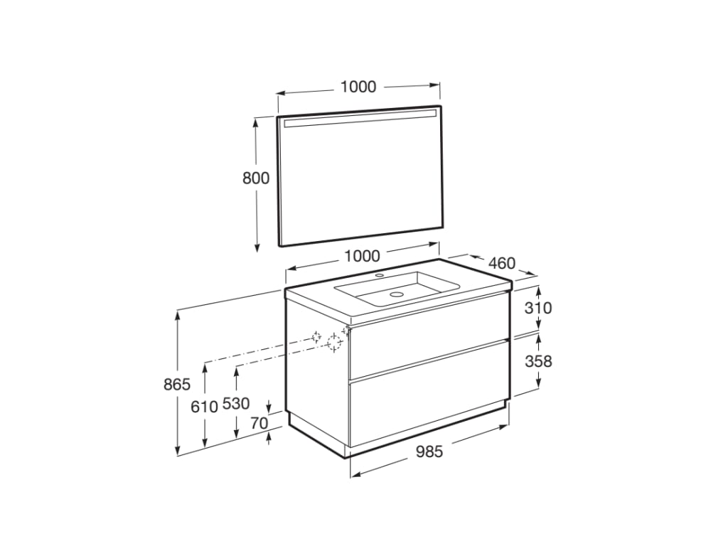 Medidas del pack mueble base + lavabo en el centro + espejo LED LANDER - ROCA