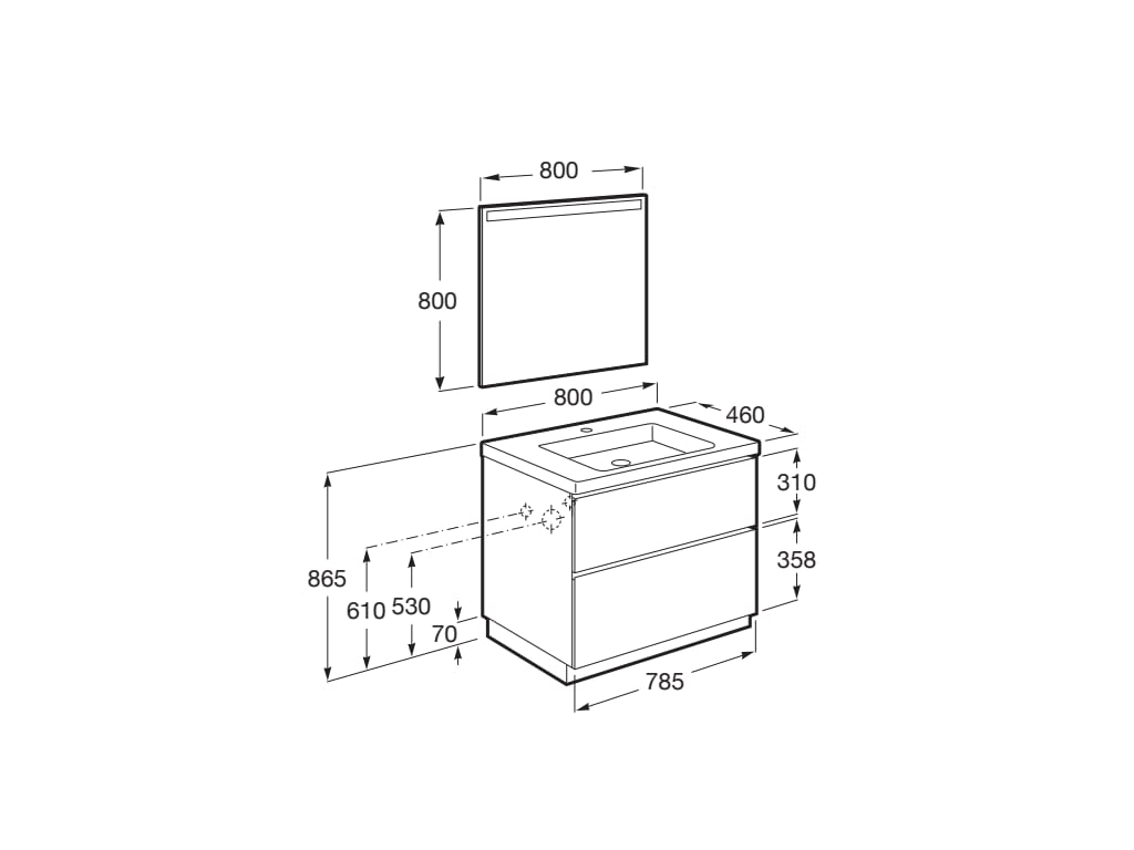 Medidas del pack mueble base + lavabo en el centro + espejo LED LANDER - ROCA