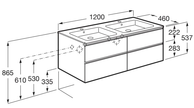 Medidas del pack Unik mueble de 4 cajones + lavabo doble THE GAP - ROCA