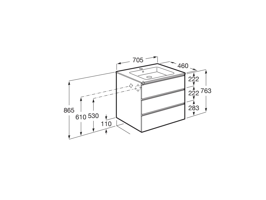 Medidas del pack Unik mueble base de 3 cajones + lavabo central THE GAP - ROCA