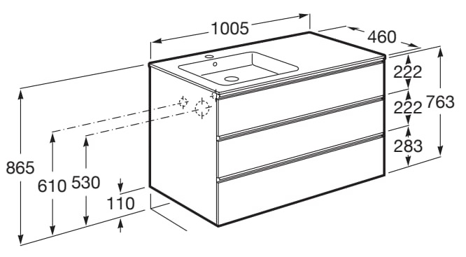 Medidas del pack Unik mueble de 3 cajones + lavabo a la izquierda THE GAP - ROCA