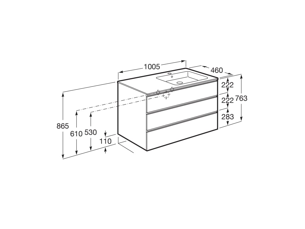 Medidas del pack unik mueble base de 3 cajones + lavabo a la derecha THE GAP - ROCA