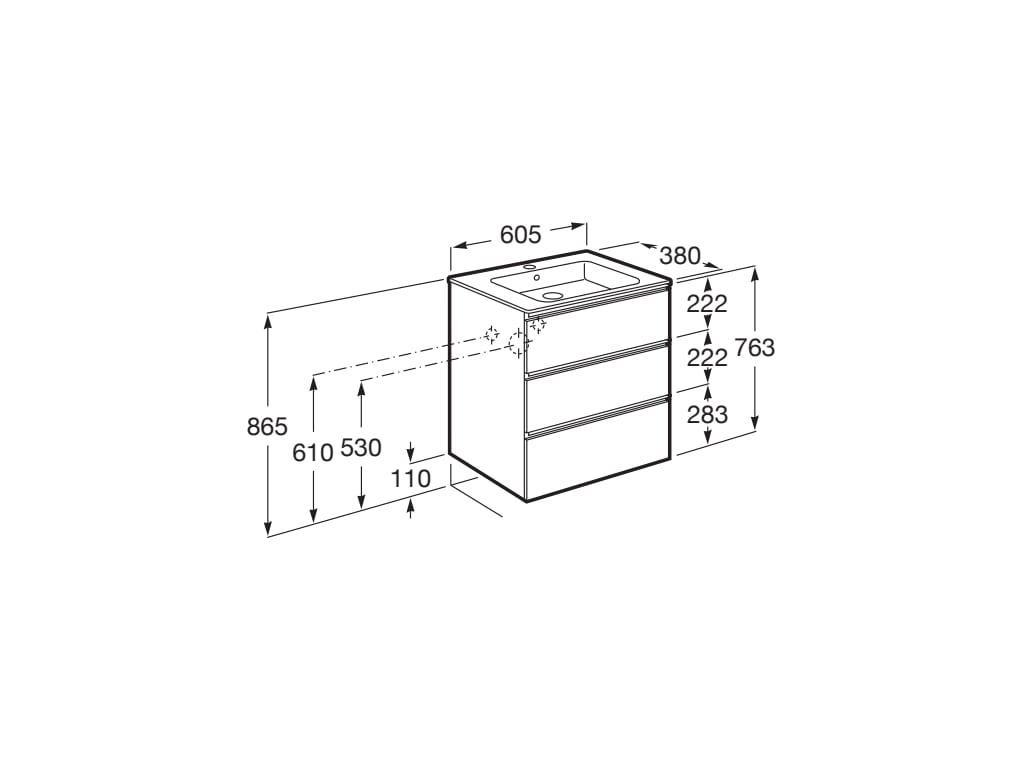 Medidas pack Unik mueble base compacto de 3 cajones + lavabo THE GAP - ROCA