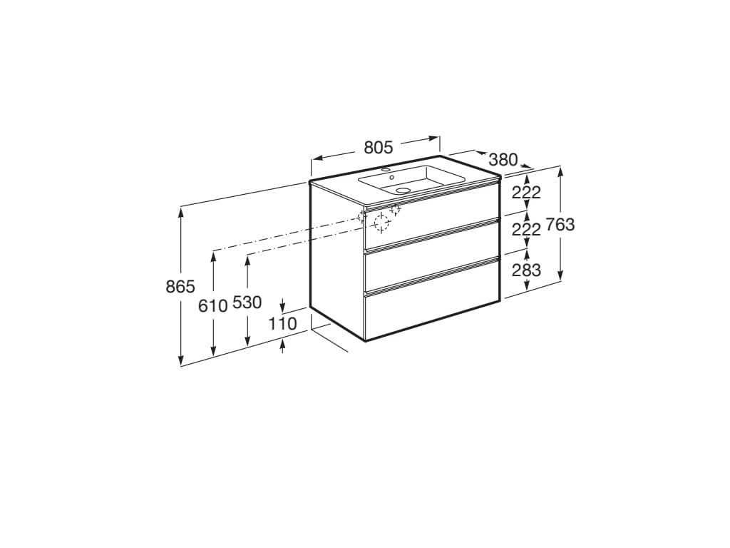 Medidas del pack Unik mueble base compacto de 3 cajones + lavabo THE GAP - ROCA