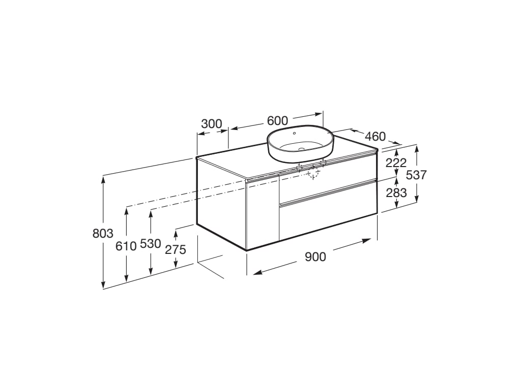 Medidas del mueble base de 2 cajones para lavabo de sobre encimera THE GAP - ROCA