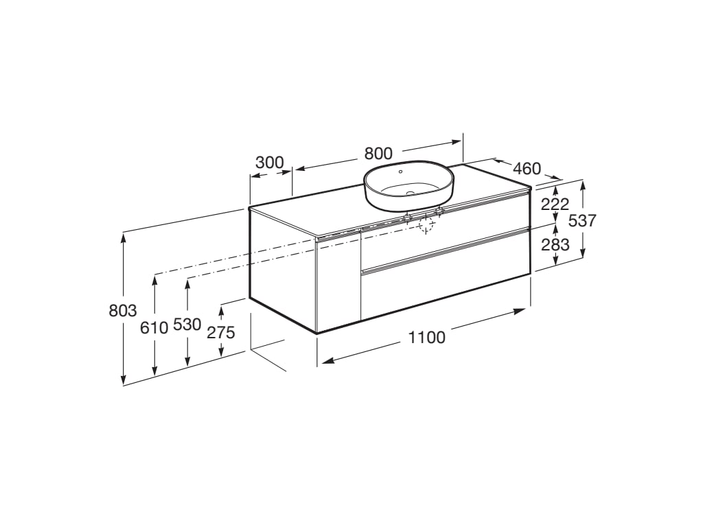 Medidas del mueble base de 2 cajones para lavabo de sobre encimera THE GAP - ROCA