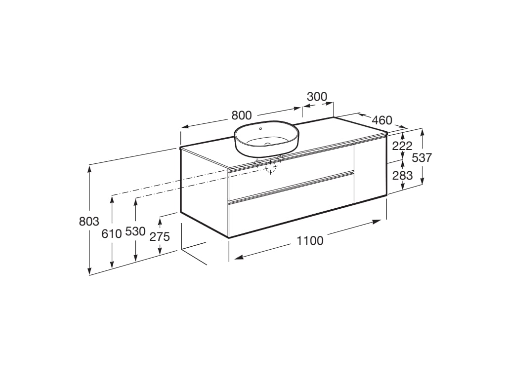 Medidas del mueble base de 2 cajones para lavabo de sobre encimera THE GAP - ROCA