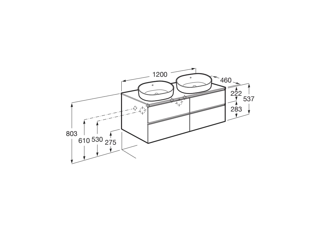 Medidas del mueble base de 4 cajones para 2 lavabos de sobre encimera THE GAP - ROCA