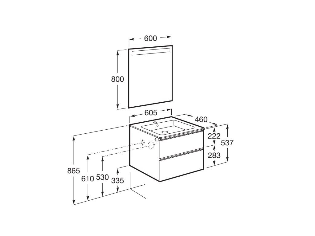 Medidas del pack mueble base de 2 cajones + lavabo central + espejo LED THE GAP - ROCA