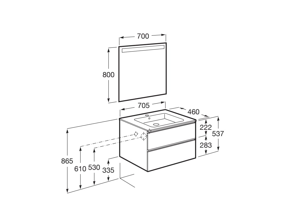 Medidas del pack mueble base blanco de 2 cajones + lavabo central + espejo LED THE GAP - ROCA