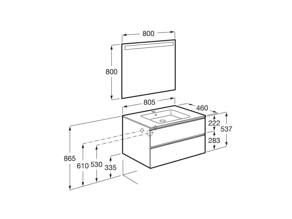 Medidas del pack mueble base de 2 cajones + lavabo central + espejo LED THE GAP - ROCA