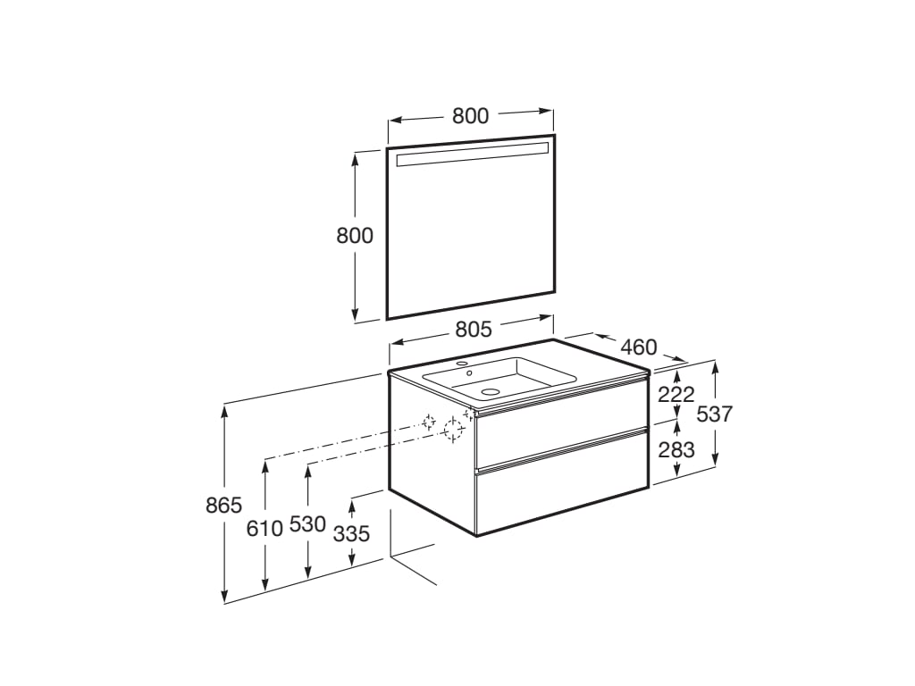 Medidas del pack mueble base de 2 cajones + lavabo izquierda + espejo LED THE GAP - ROCA