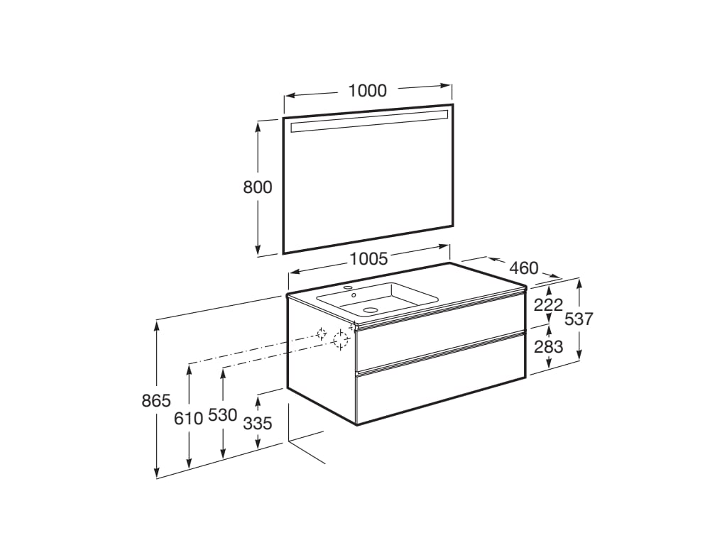 Medidas del pack mueble base blanco de 2 cajones + lavabo izquierda + espejo LED THE GAP - ROCA