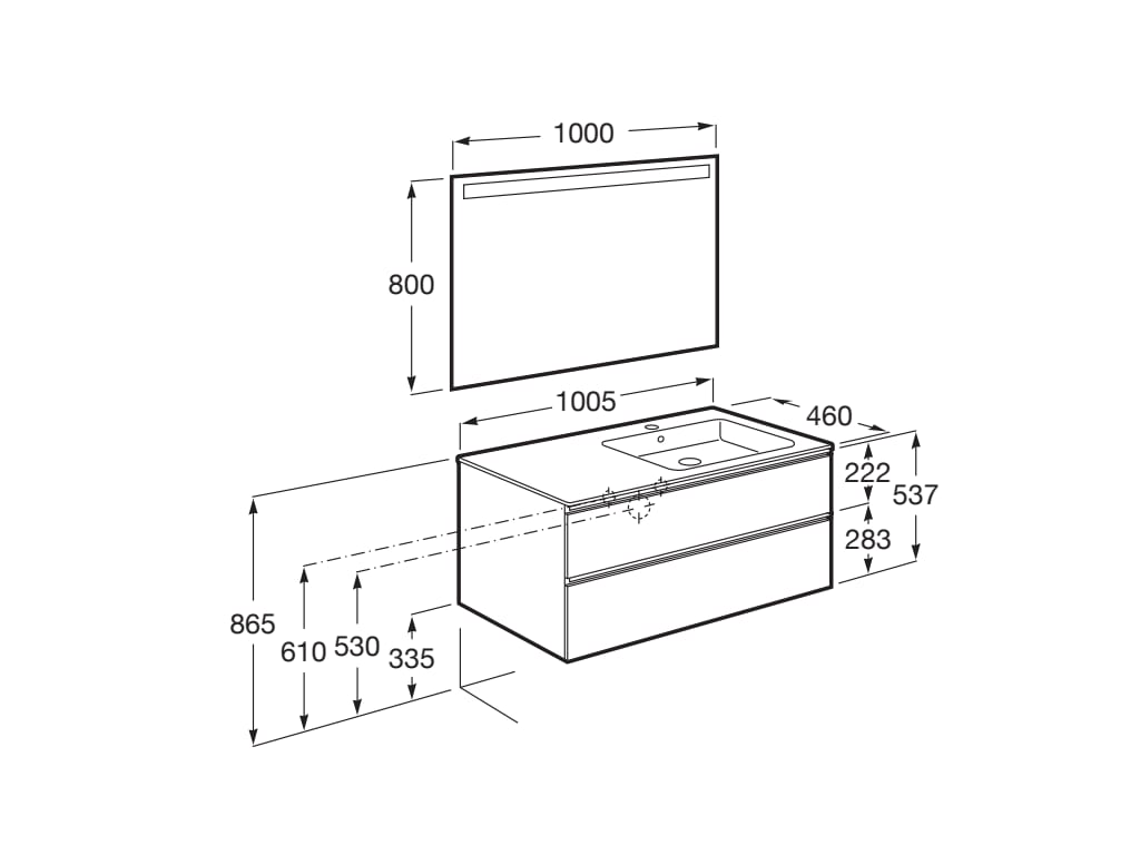 Medidas del pack mueble de 2 cajones + lavabo derecha + espejo LED THE GAP - ROCA