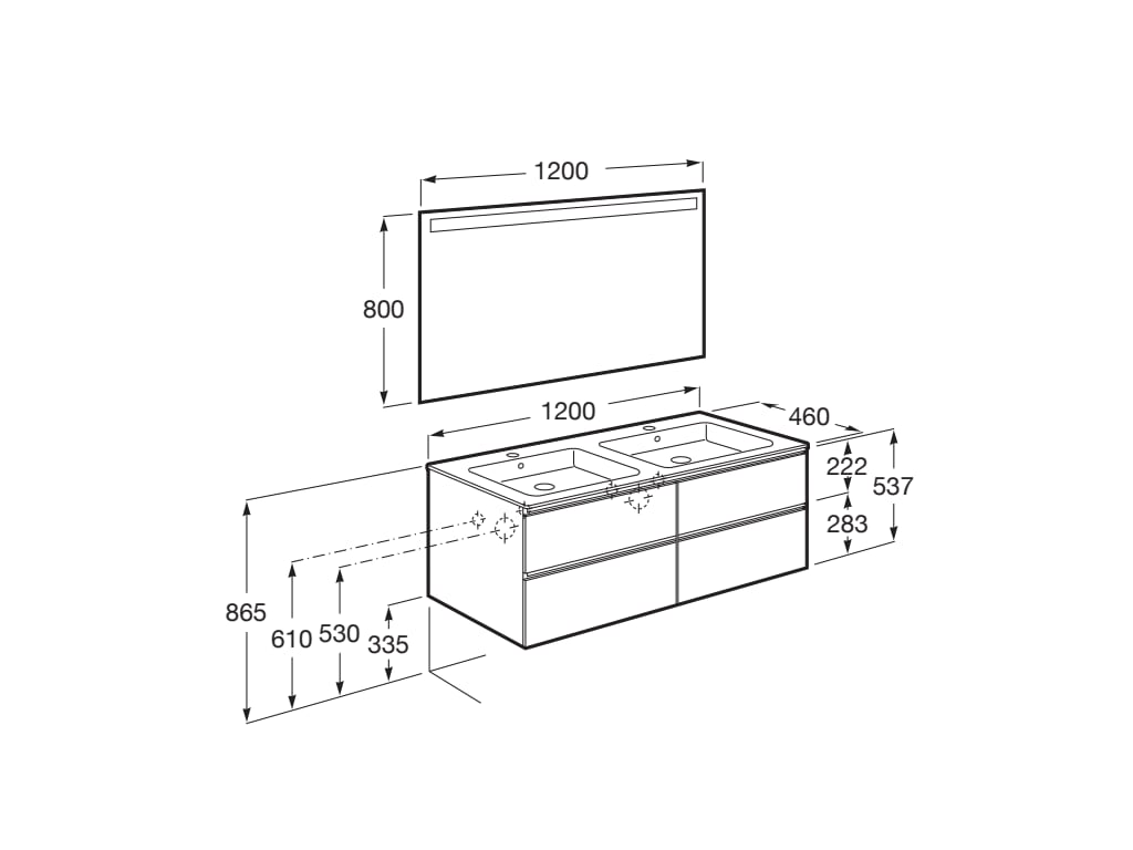 Medidas del pack mueble base de cuatro cajones, lavabo doble y espejo LED THE GAP - ROCA