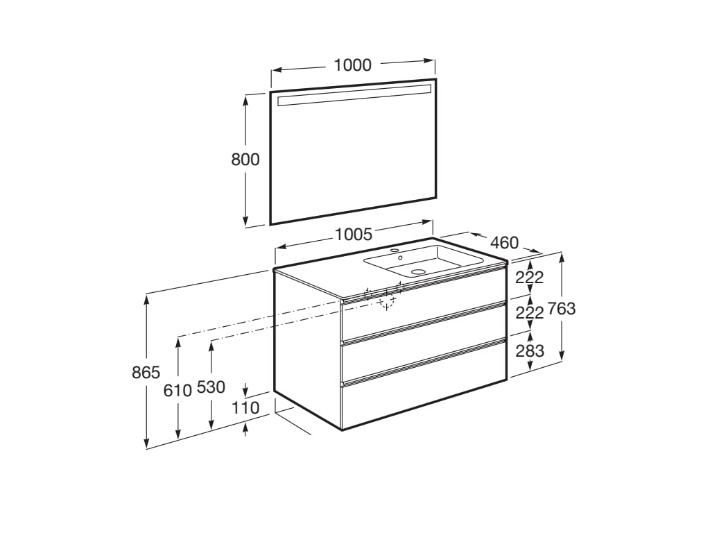 Medidas del pack mueble base de 3 cajones + lavabo derecha + espejo LED THE GAP - ROCA